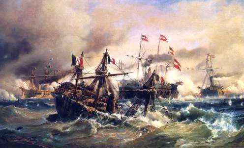Painting: Sea battle at Lissa, by Carl Frederik Sorensen.